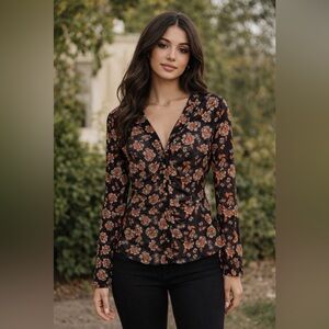 Floral Black and Orange Sheer Women's Top